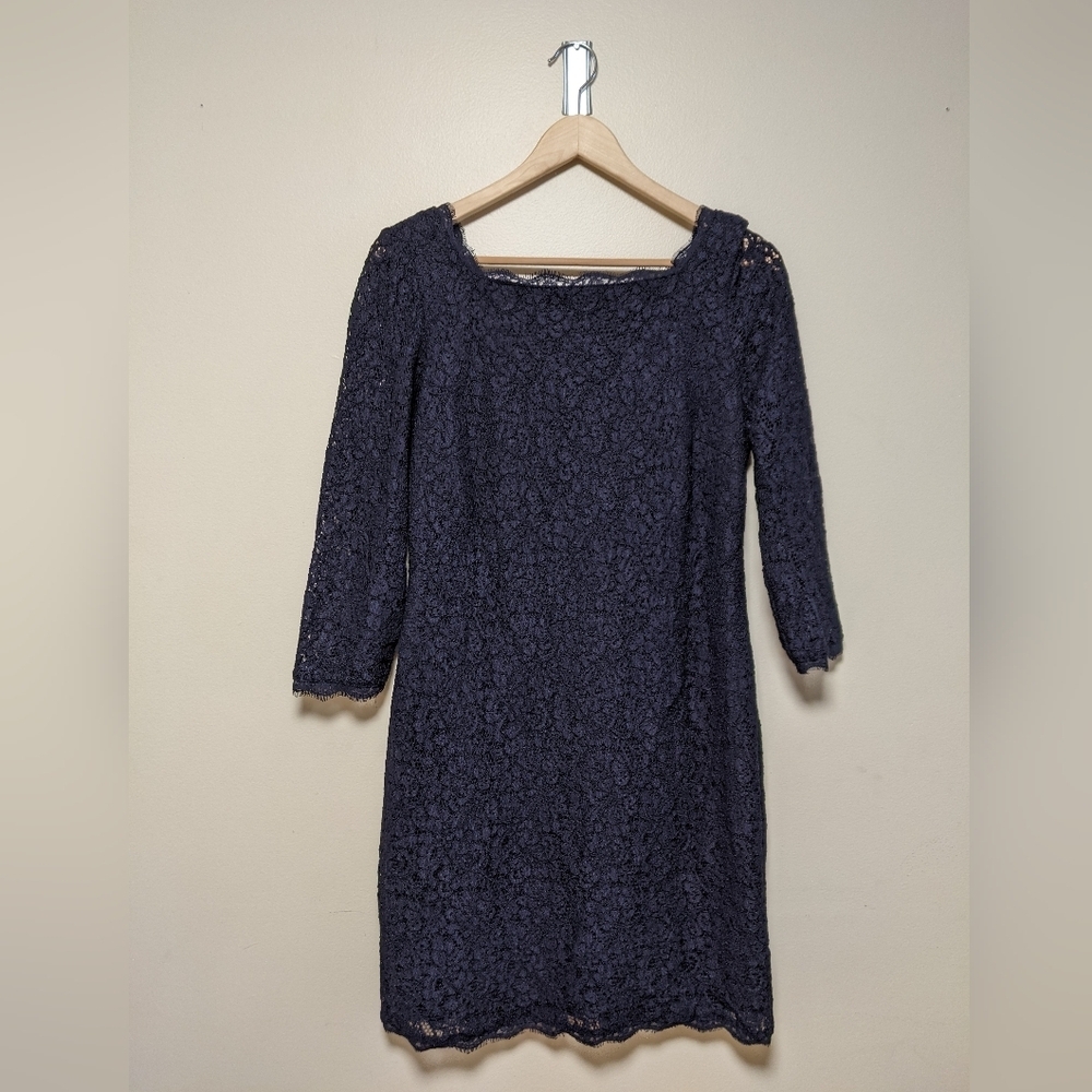 Adrianna Papell Navy Lace Cocktail Dress – Size 14 – Dark, Lacy, and Dangerous